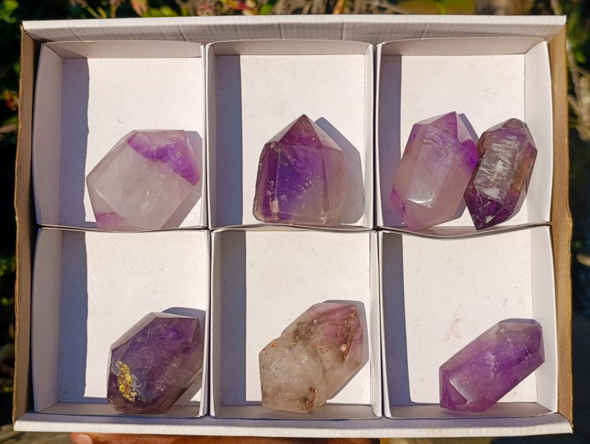 Polished Double Terminated Smokey Window Amethyst Crystals x 7 From Akansobe, Madagascar - Toprock Gemstones and Minerals 