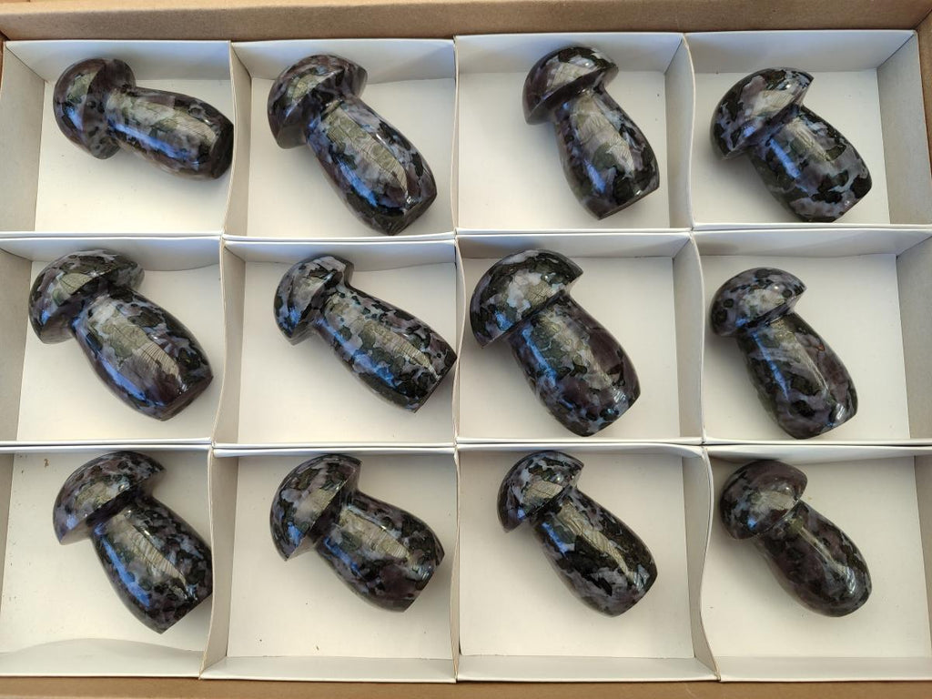 Polished Gabbro 'Merlinite' Mushrooms x 12 From Ambatofinandrahana, Madagascar - Toprock Gemstones and Minerals 