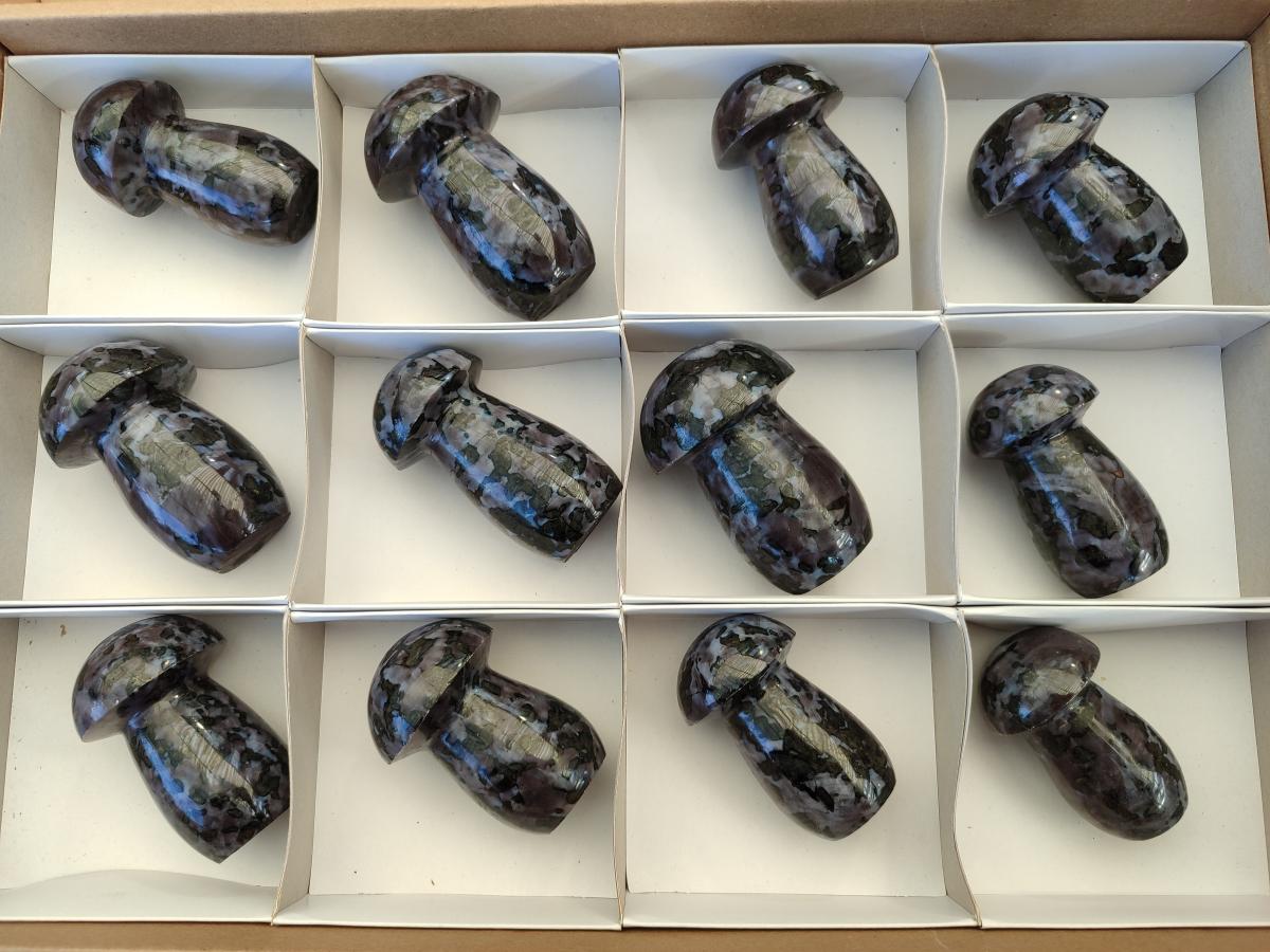 Polished Gabbro 'Merlinite' Mushrooms x 12 From Ambatofinandrahana, Madagascar - Toprock Gemstones and Minerals 