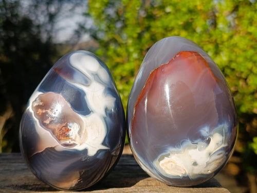 Polished Large White Red and Grey Agate Gemstone Eggs x 2 From Madagascar - Toprock Gemstones and Minerals 