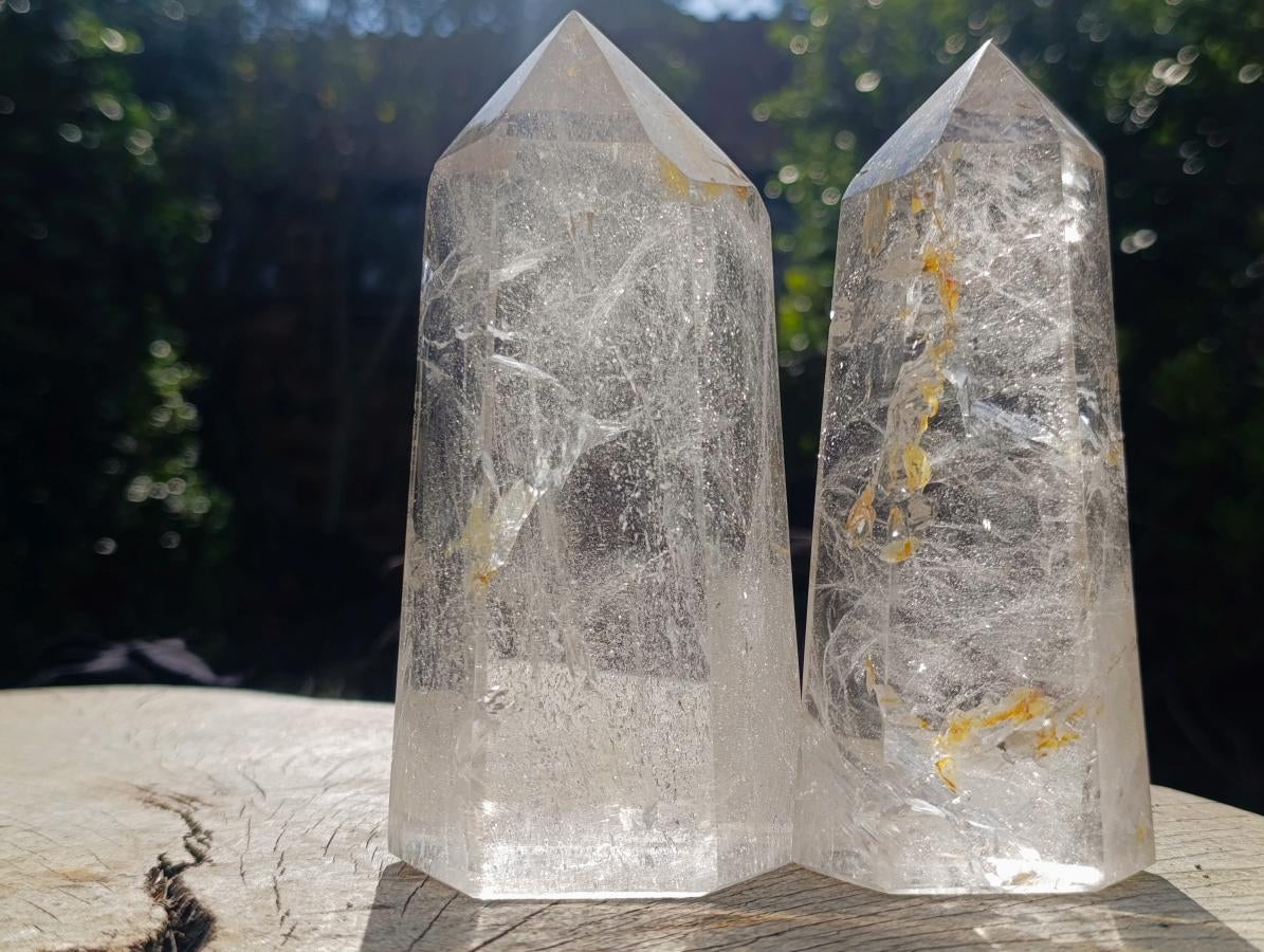 Polished Clear Quartz Display Crystals with Limonite Veils x 2 From Madagascar - Toprock Gemstones and Minerals 