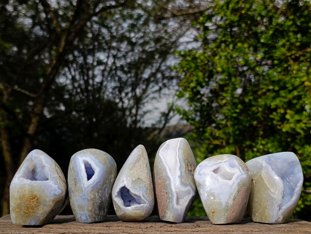 Polished Blue Lace Agate Free Forms and Standing Display Pieces x 6 From Nsanje, Malawi - Toprock Gemstones and Minerals 