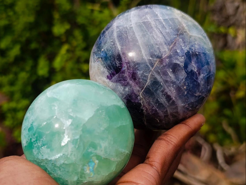 Polished Watermelon Fluorite Spheres x 2 From Uis, Namibia - Toprock Gemstones and Minerals 