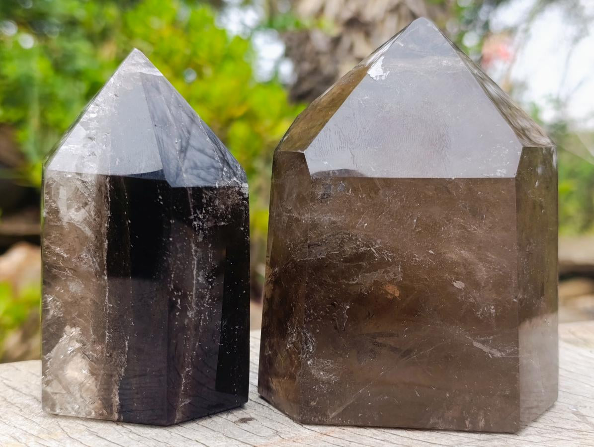Polished Smokey Window Quartz Display Crystals x 2 From Akansobe, Madagascar - Toprock Gemstones and Minerals 