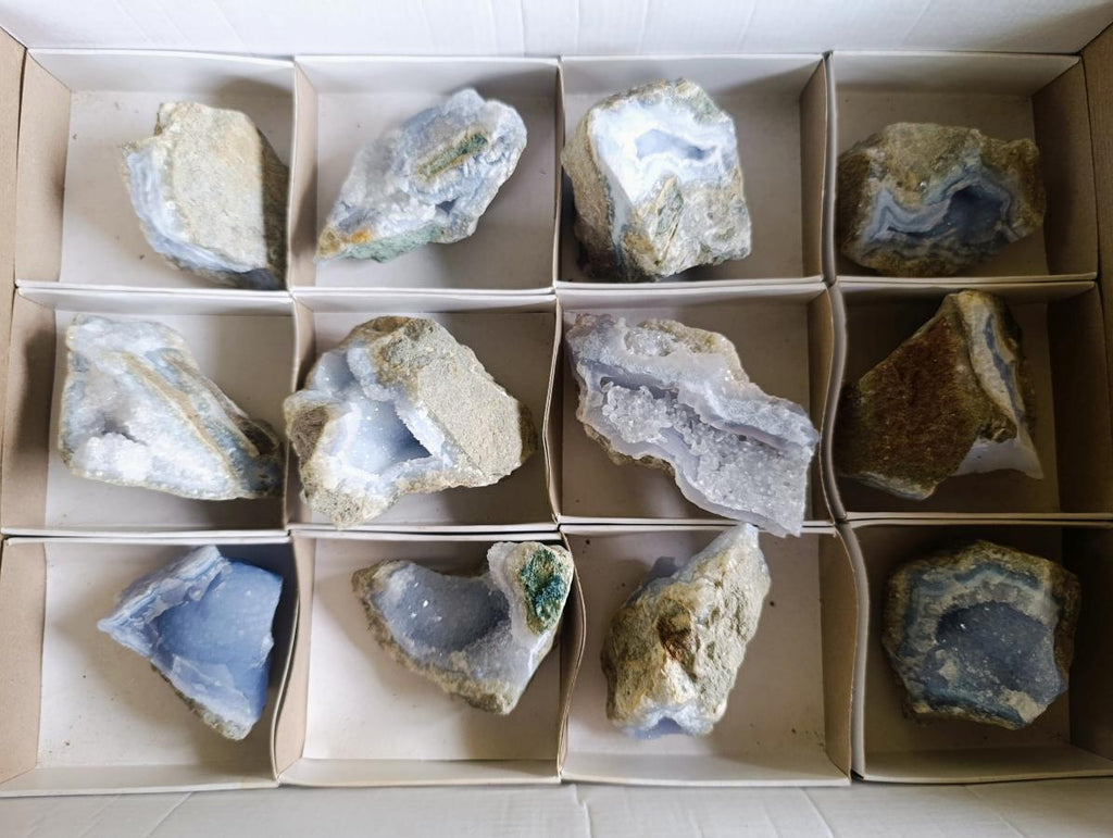 Natural Blue Lace Agate Geodes with Dogtooth Calcite x 12 From Nsanje, Malawi - Toprock Gemstones and Minerals 
