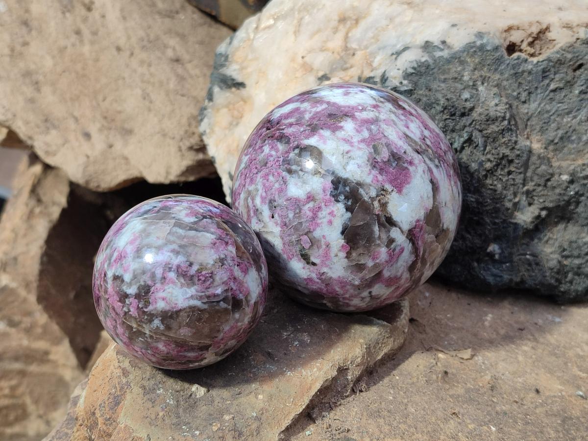 Polished Rubellite Pink Tourmaline Spheres x 2 From Ambatondrazaka, Madagascar - Toprock Gemstones and Minerals 