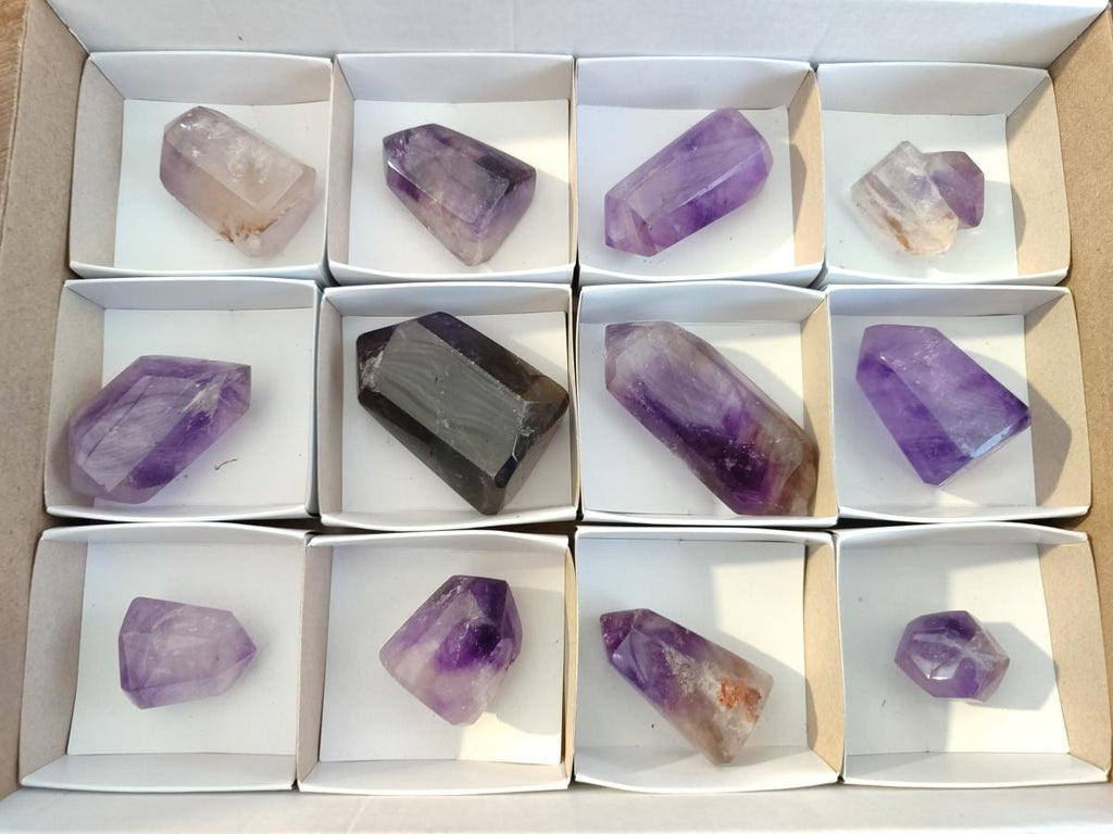 Polished Smokey Window Amethyst Crystals x 12 From Akansobe, Madagascar - Toprock Gemstones and Minerals 