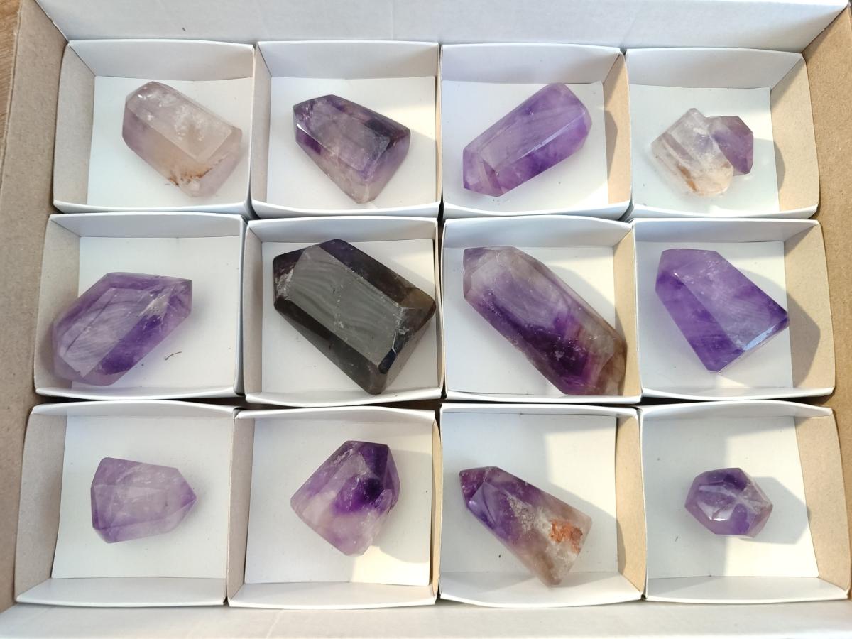 Polished Smokey Window Amethyst Crystals x 12 From Akansobe, Madagascar - Toprock Gemstones and Minerals 
