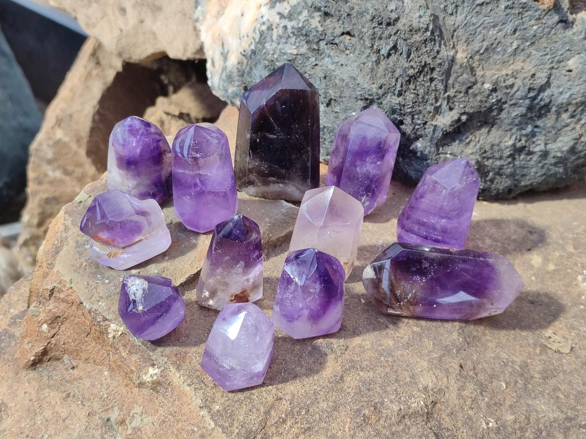 Polished Smokey Window Amethyst Crystals x 12 From Akansobe, Madagascar - Toprock Gemstones and Minerals 