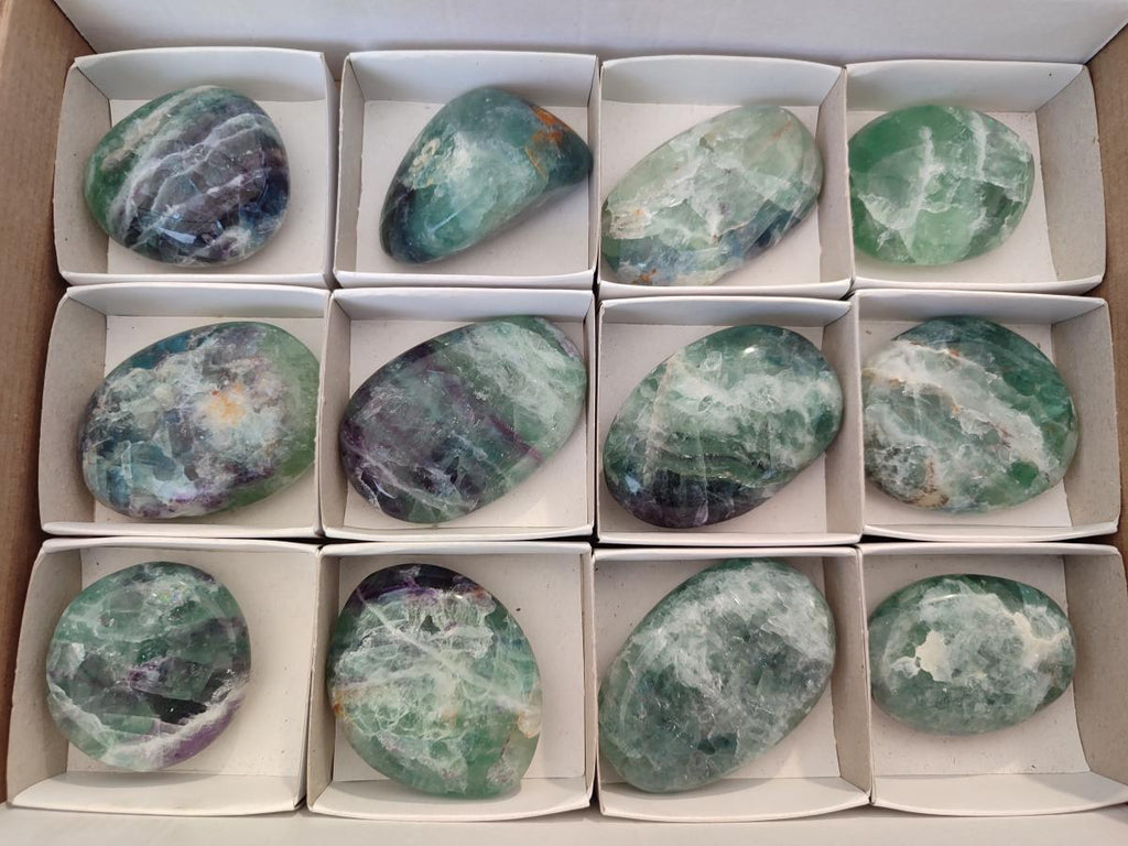 Polished Watermelon Fluorite Palm Stones x 12 From Uis, Namibia - Toprock Gemstones and Minerals 