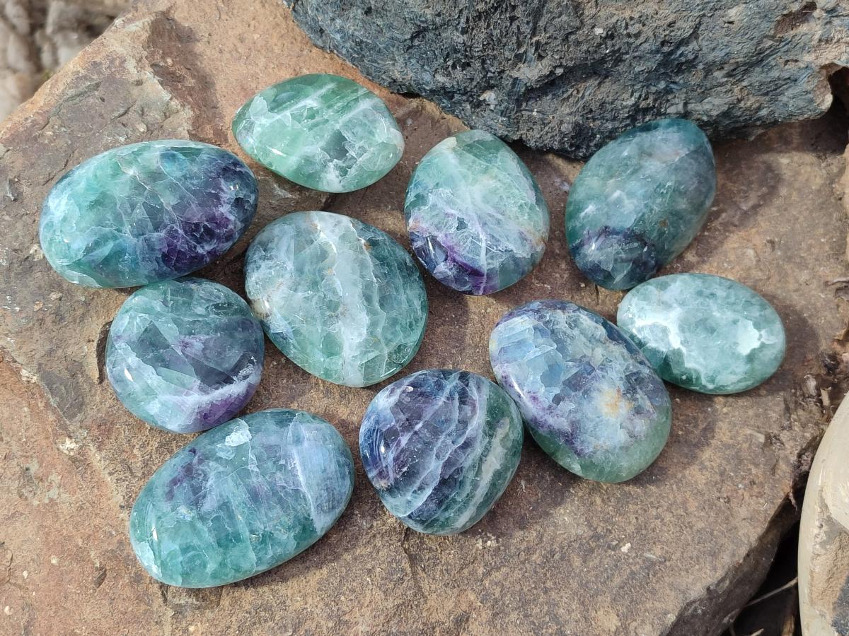Polished Watermelon Fluorite Palm Stones x 12 From Uis, Namibia - Toprock Gemstones and Minerals 
