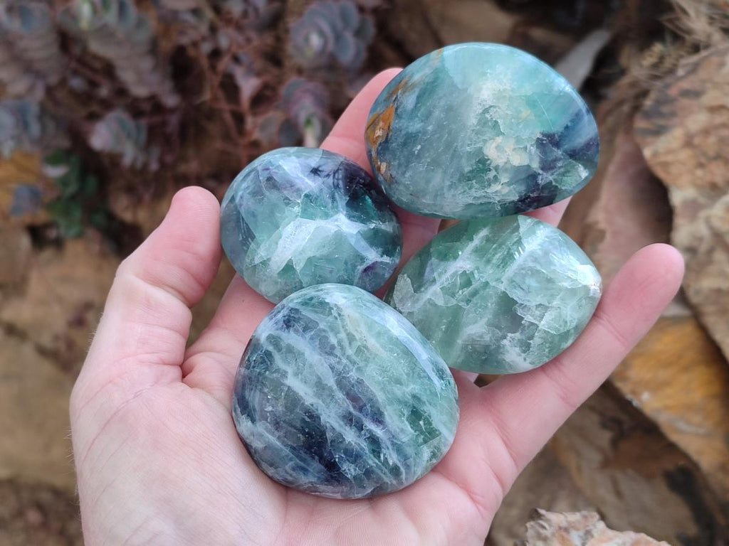 Polished Watermelon Fluorite Palm Stones x 12 From Uis, Namibia - Toprock Gemstones and Minerals 