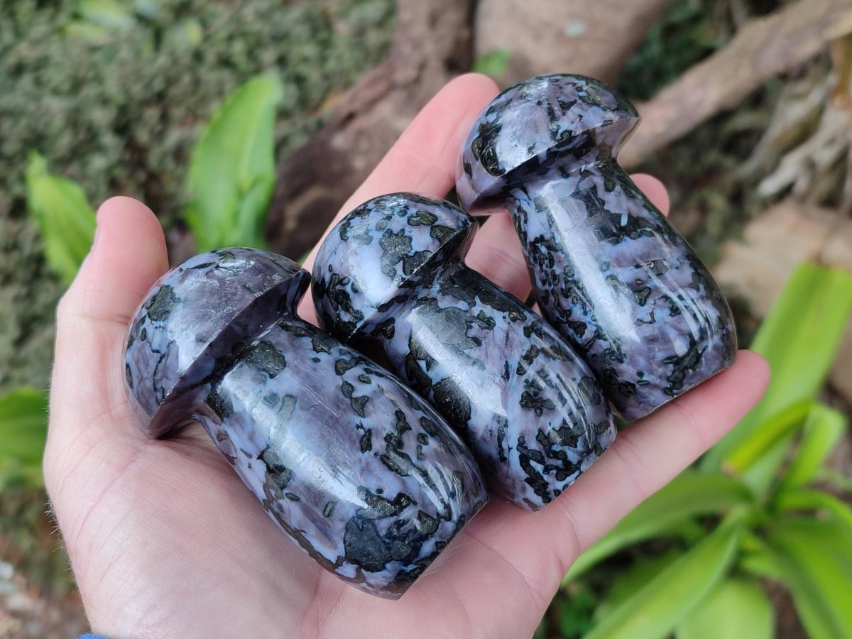 Polished Gabbro 'Merlinite' Mushrooms x 12 From Ambatofinandrahana, Madagascar - Toprock Gemstones and Minerals 