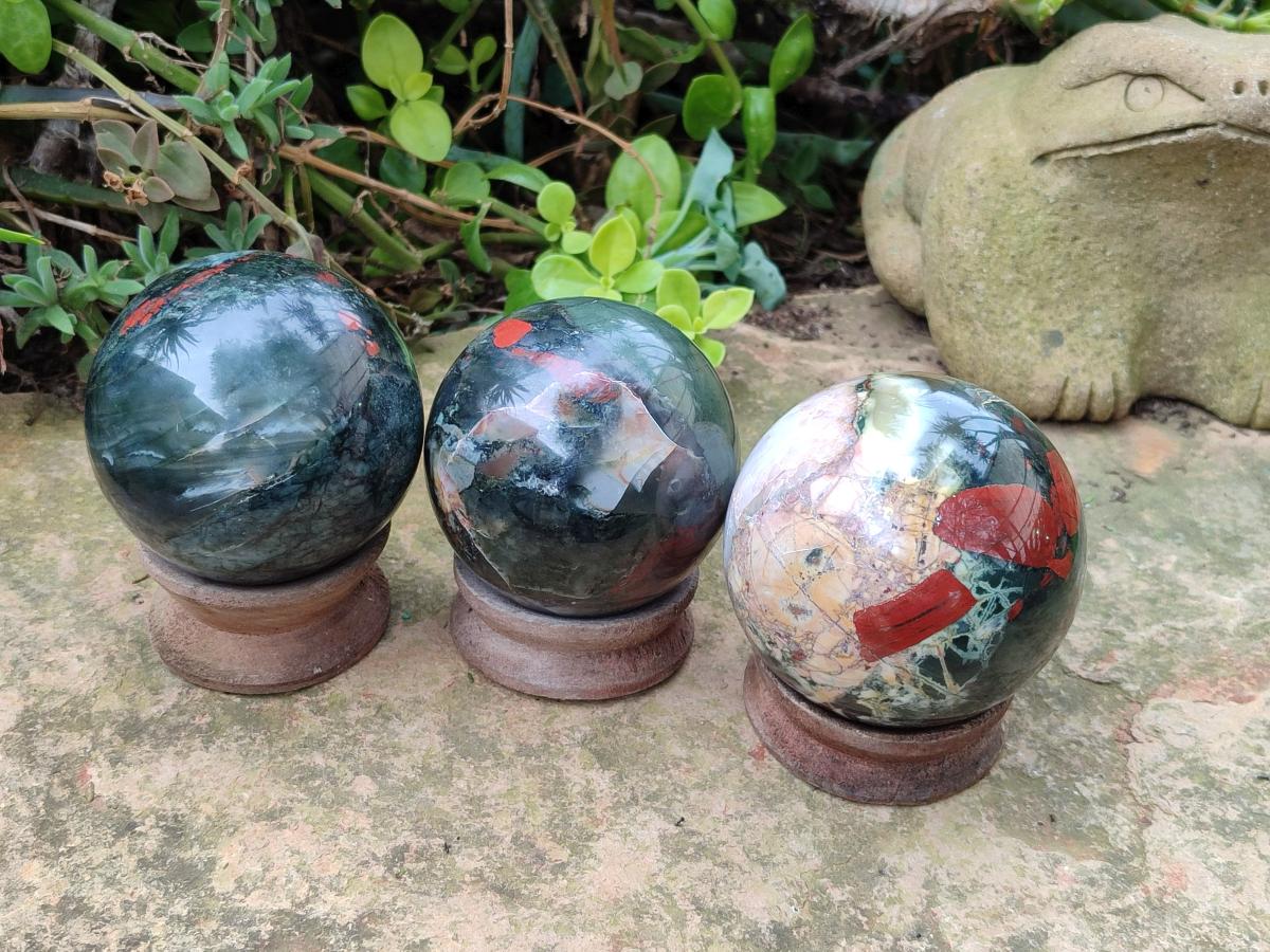 Polished Bloodstone Spheres x 3 From Swaziland - Toprock Gemstones and Minerals 