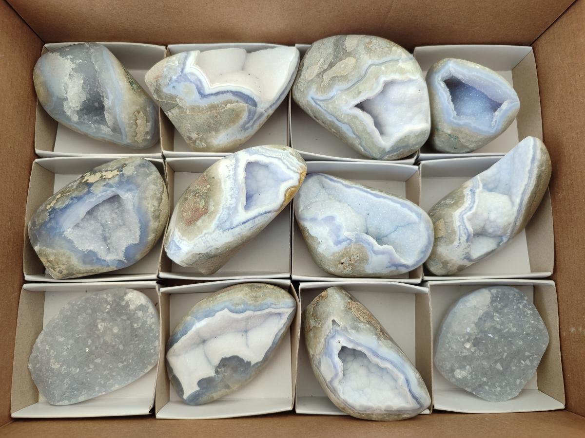 Polished Blue Lace Agate Standing Display Pieces and Free Forms x 12 From Nsanje, Malawi - Toprock Gemstones and Minerals 