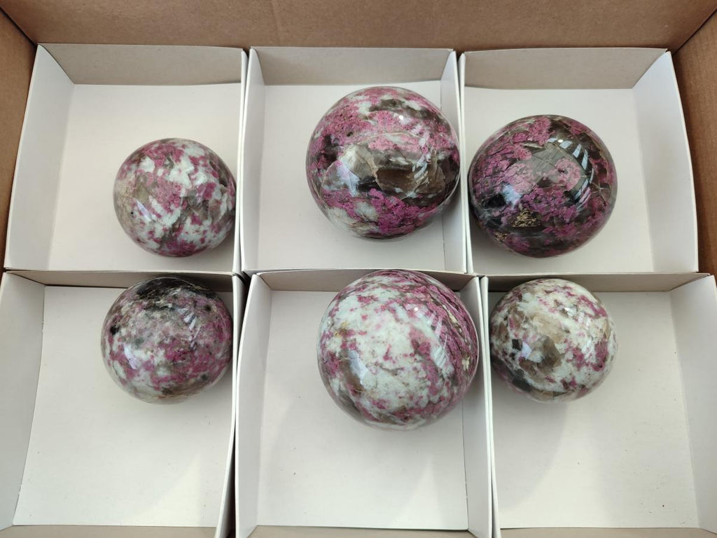 Polished Rubellite Pink Tourmaline Spheres x 6 From Ambatondrazaka, Madagascar - Toprock Gemstones and Minerals 
