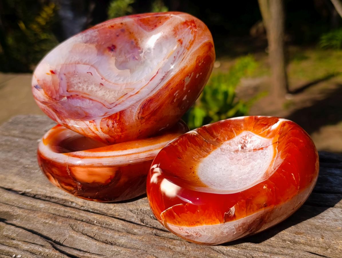 Polished Carnelian Agate Gemstone Bowls x 3 From Madagascar - Toprock Gemstones and Minerals 