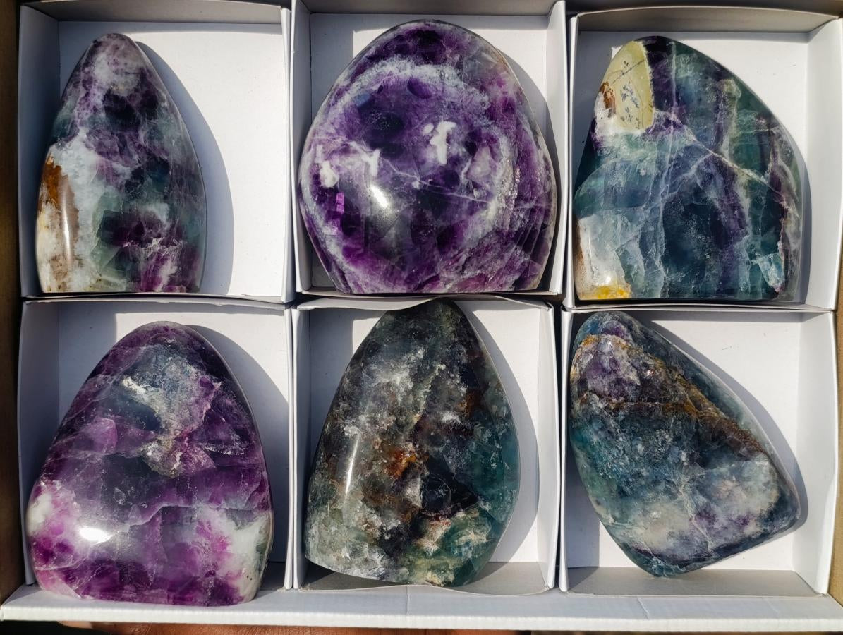 Polished Watermelon Fluorite Standing Display Pieces x 6 From Uis, Namibia - Toprock Gemstones and Minerals 