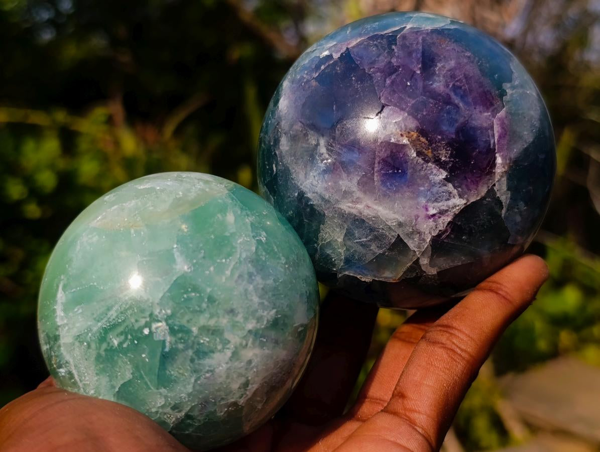 Polished Watermelon Fluorite Spheres x 2 From Uis, Namibia - Toprock Gemstones and Minerals 