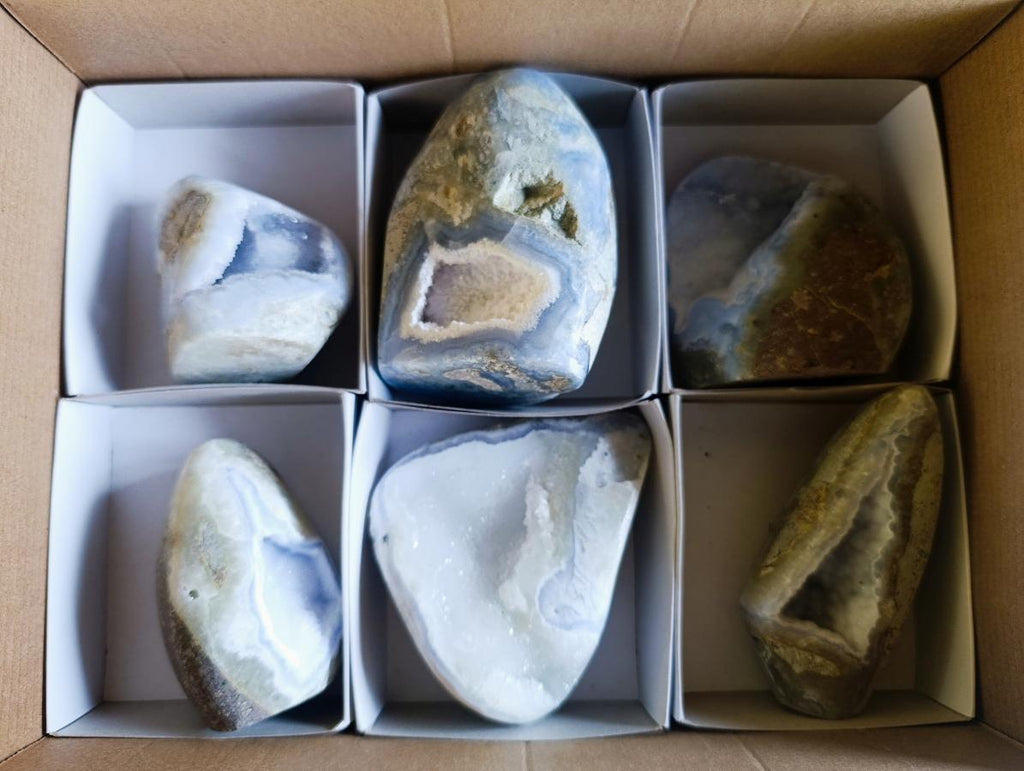 Polished Blue Lace Agate Geode Standing Display Pieces x 6 From Nsanje, Malawi - Toprock Gemstones and Minerals 