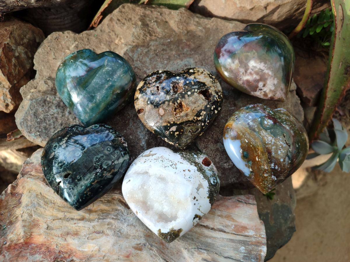 Polished Ocean Jasper Hearts x 6 From Northwest Coast, Madagascar - Toprock Gemstones and Minerals 