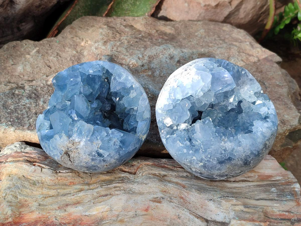 Polished Blue Celestite Spheres x 2 From Sakoany, Madagascar - Toprock Gemstones and Minerals 
