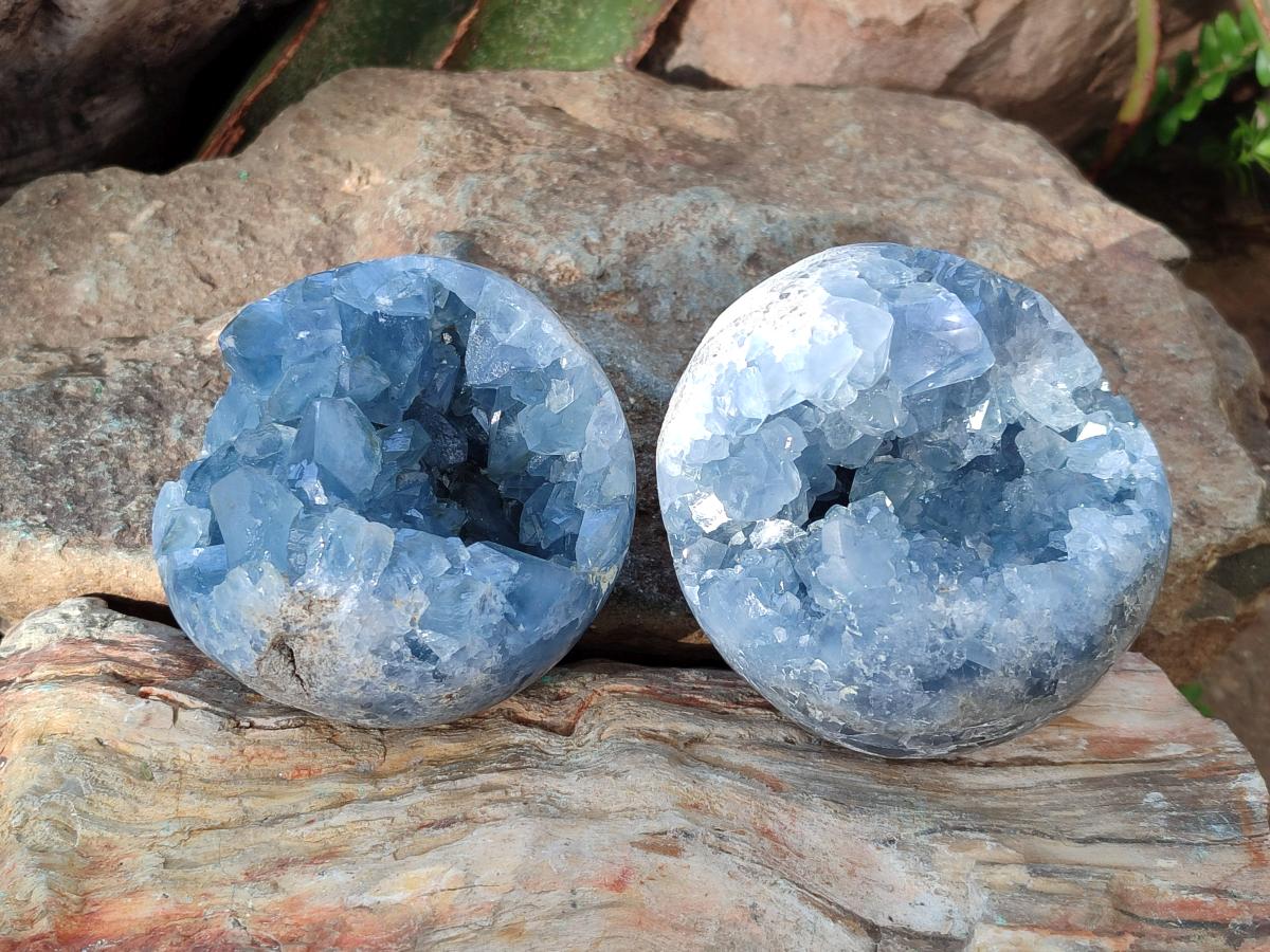 Polished Blue Celestite Spheres x 2 From Sakoany, Madagascar - Toprock Gemstones and Minerals 