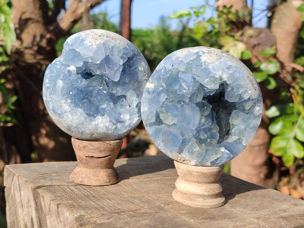 Polished Blue Celestite Spheres x 2 From Sakoany, Madagascar - Toprock Gemstones and Minerals 