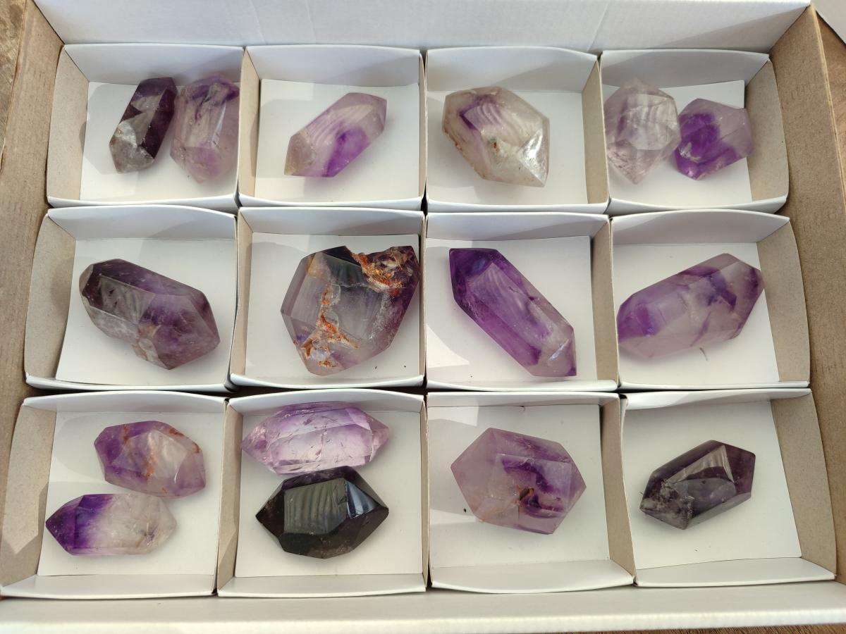 Polished Double Terminated Dark Window Amethyst Crystals x 14 From Akansobe, Madagascar - Toprock Gemstones and Minerals 