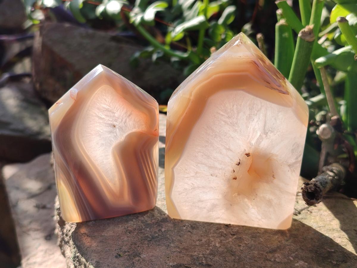 Polished Banded Agate Standing House Shaped Slices x 12 From Madagascar - Toprock Gemstones and Minerals 