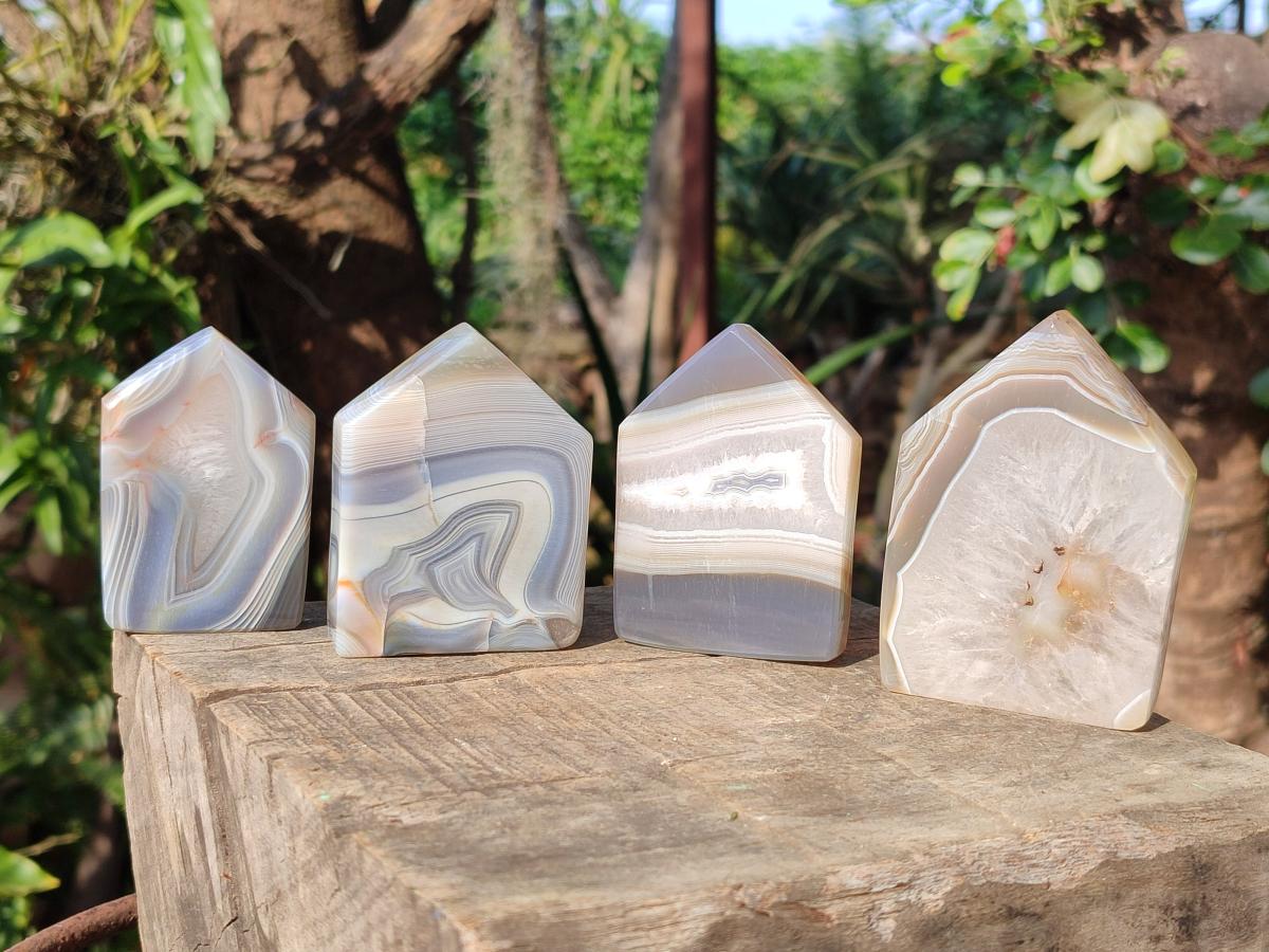 Polished Banded Agate Standing House Shaped Slices x 12 From Madagascar - Toprock Gemstones and Minerals 