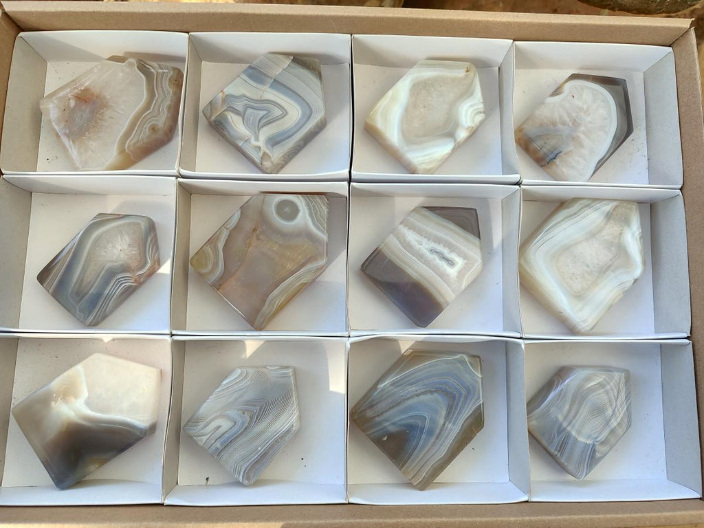 Polished Banded Agate Standing House Shaped Slices x 12 From Madagascar - Toprock Gemstones and Minerals 