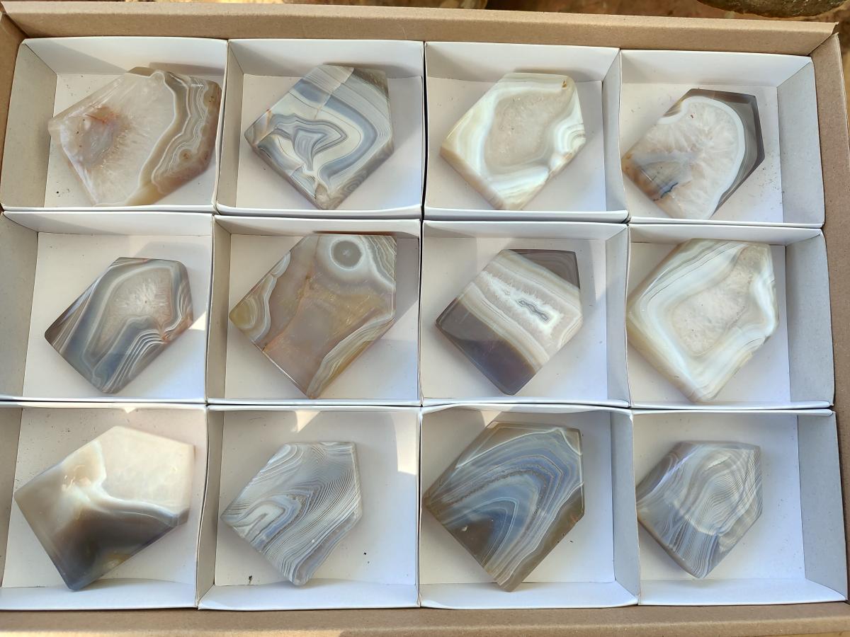 Polished Banded Agate Standing House Shaped Slices x 12 From Madagascar - Toprock Gemstones and Minerals 