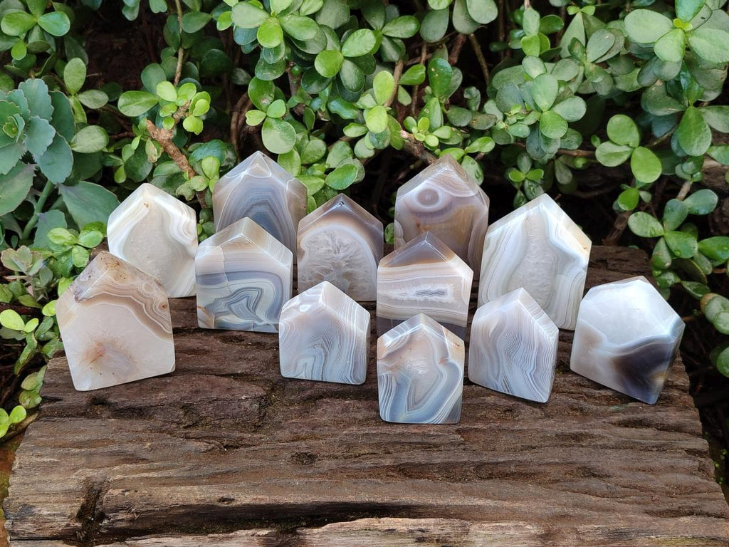 Polished Banded Agate Standing House Shaped Slices x 12 From Madagascar - Toprock Gemstones and Minerals 
