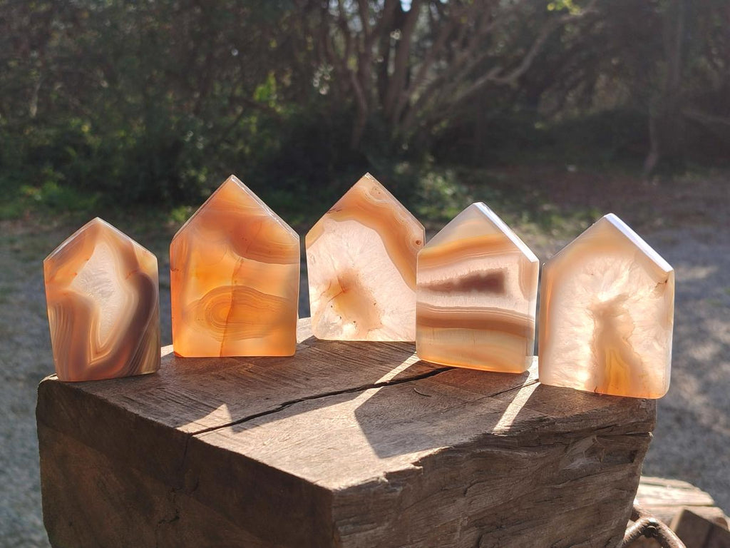 Polished Banded Agate Standing House Shaped Slices x 12 From Madagascar - Toprock Gemstones and Minerals 