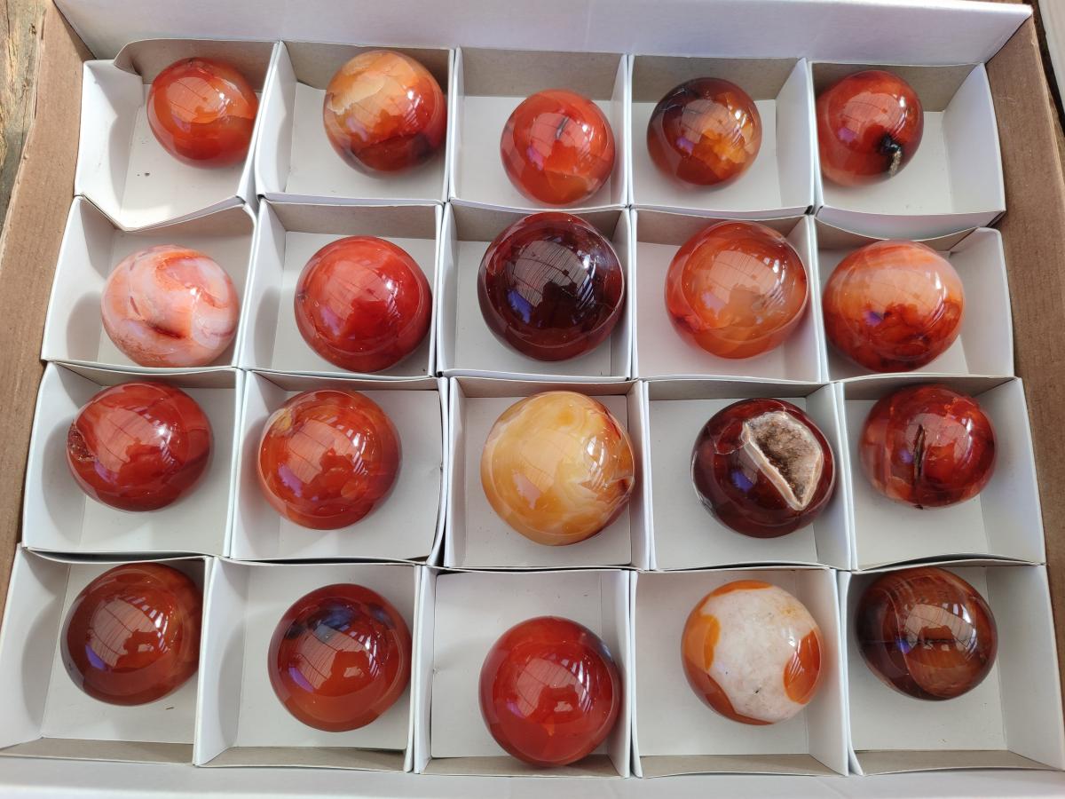 Polished Small Carnelian Agate Gemstone Sphere x 20 From Madagascar - Toprock Gemstones and Minerals 