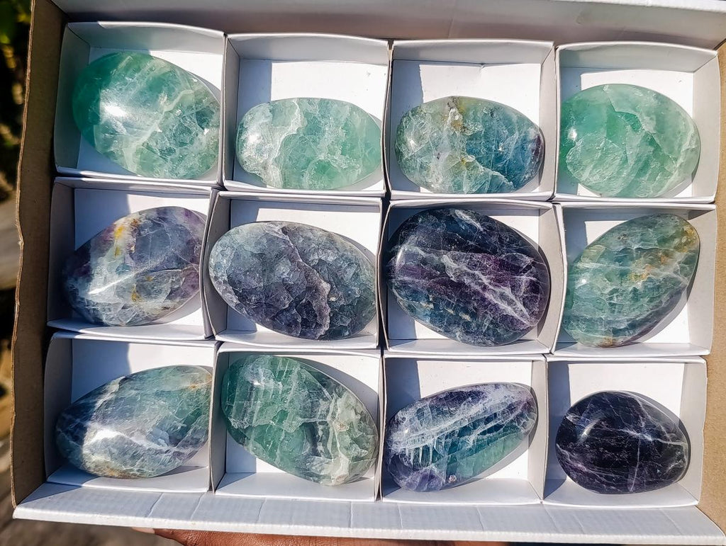 Polished Watermelon Fluorite Palm Stones x 12 From Uis, Namibia - Toprock Gemstones and Minerals 