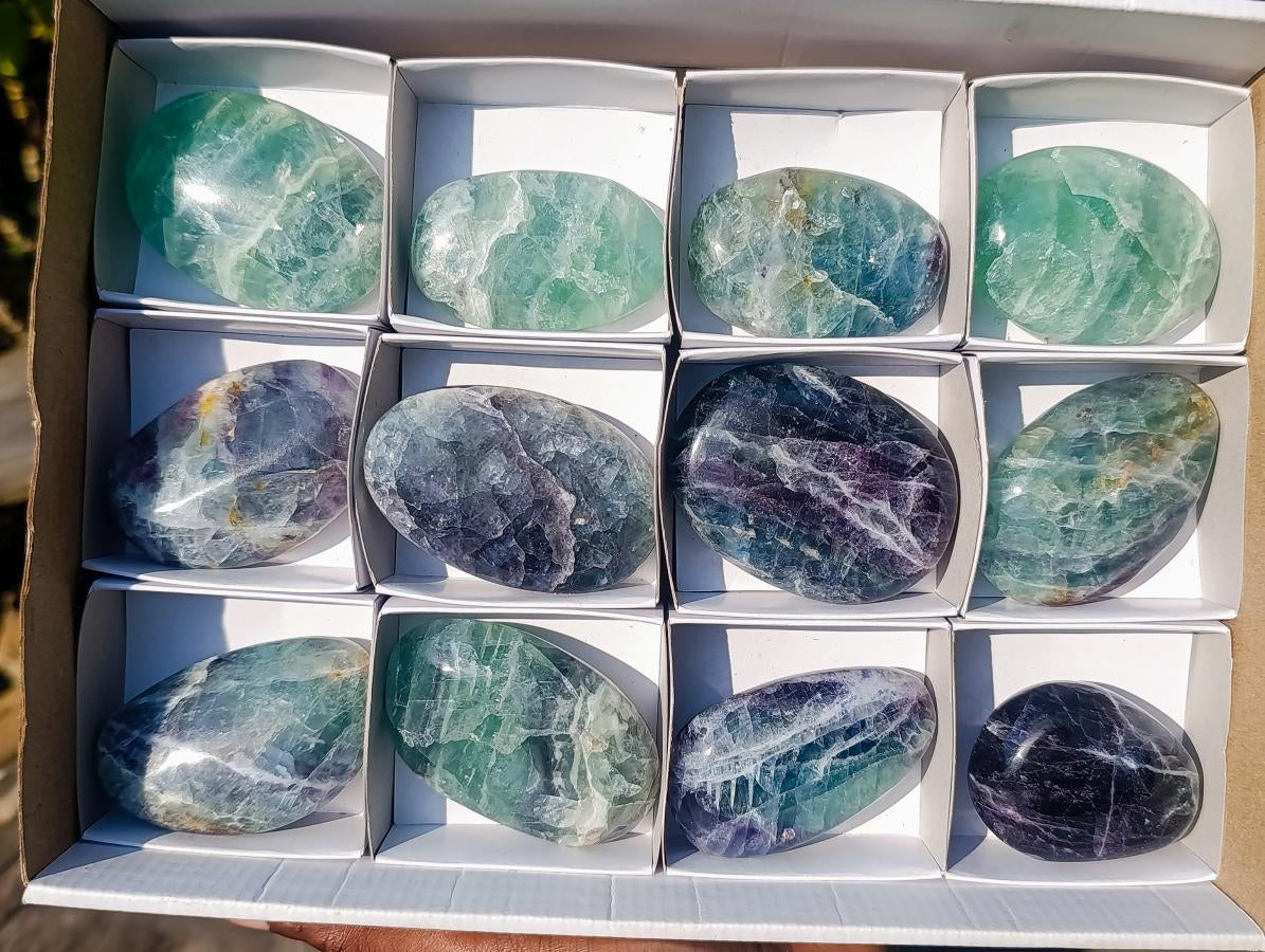 Polished Watermelon Fluorite Palm Stones x 12 From Uis, Namibia - Toprock Gemstones and Minerals 