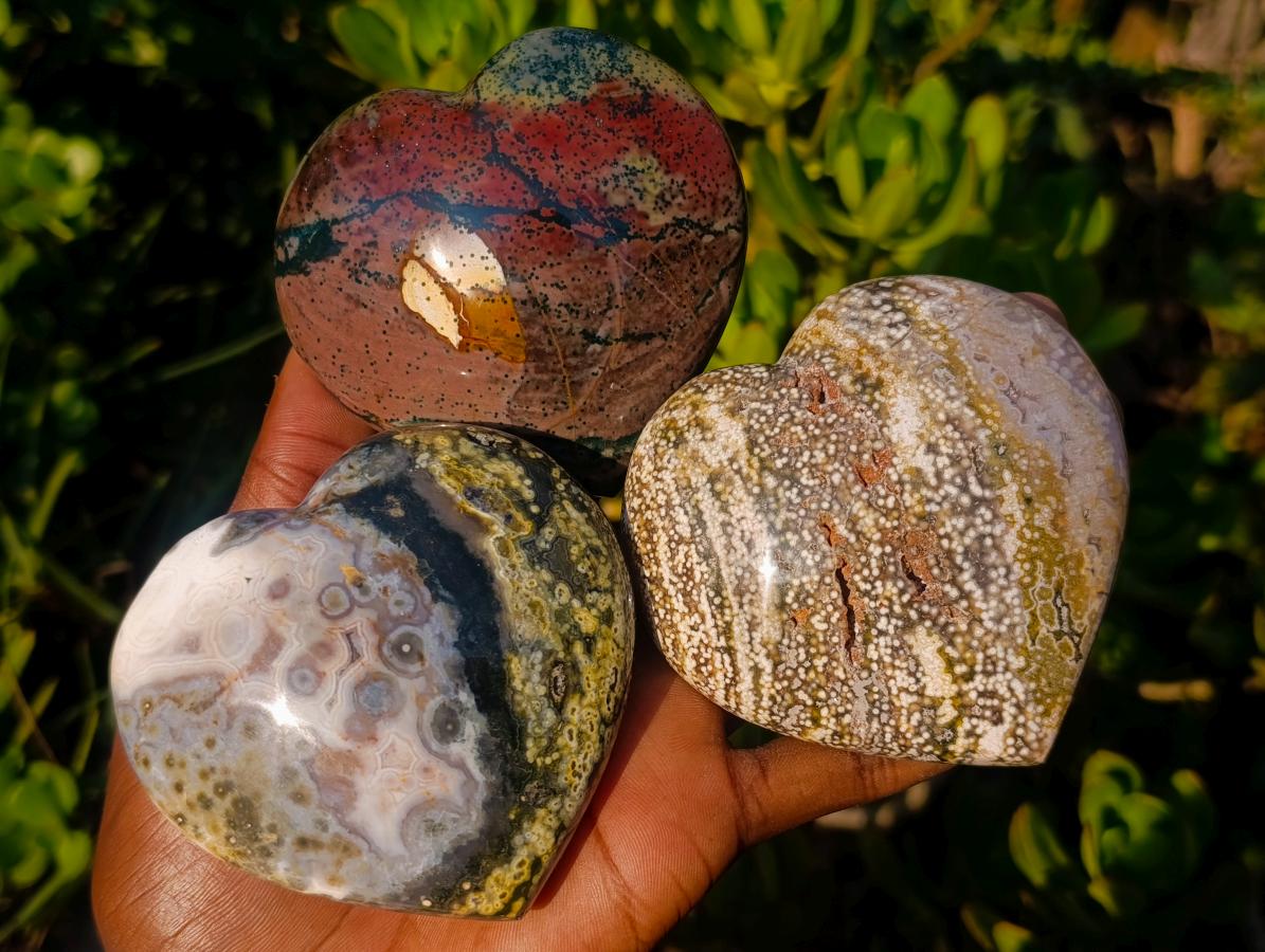 Polished Ocean Jasper Hearts x 6 From Northwest Coast, Madagascar - Toprock Gemstones and Minerals 