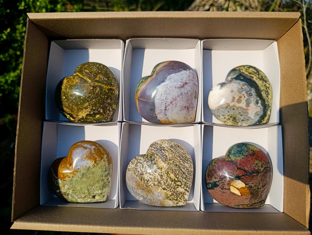 Polished Ocean Jasper Hearts x 6 From Northwest Coast, Madagascar - Toprock Gemstones and Minerals 
