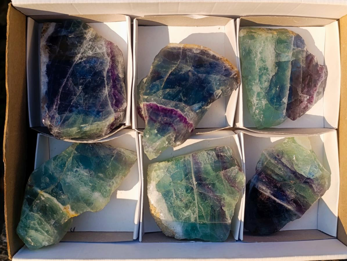 Polished One Side Watermelon Fluorite Slices x 4 From Uis, Namibia - Toprock Gemstones and Minerals 
