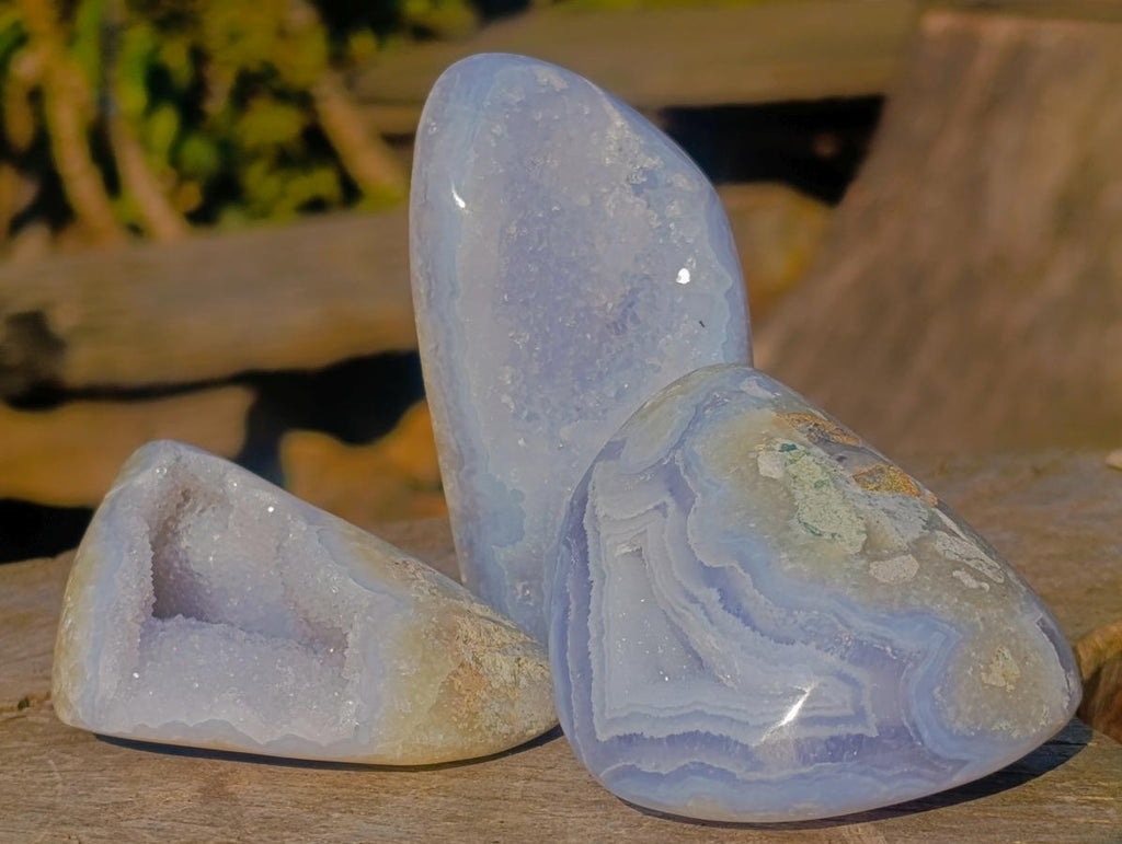 Polished Blue Lace Agate Geode Standing and Free Forms x 12 From Nsanje, Malawi - Toprock Gemstones and Minerals 