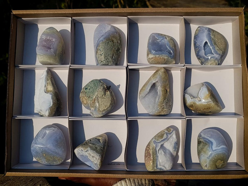 Polished Blue Lace Agate Geode Standing and Free Forms x 12 From Nsanje, Malawi - Toprock Gemstones and Minerals 