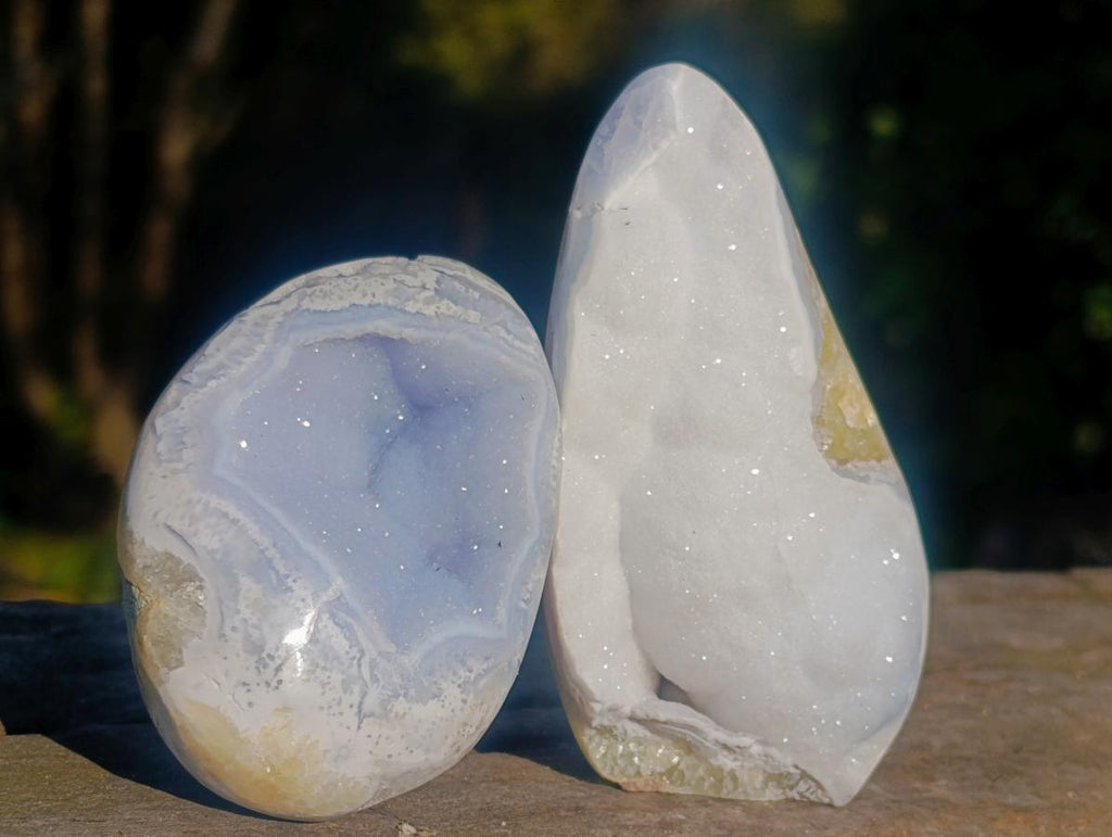 Polished Blue Lace Agate Geode Standing and Free Forms x 12 From Nsanje, Malawi - Toprock Gemstones and Minerals 