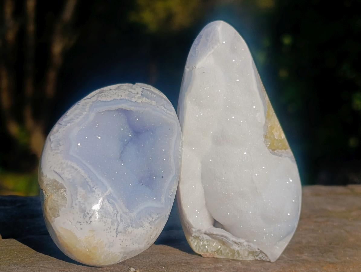 Polished Blue Lace Agate Geode Standing and Free Forms x 12 From Nsanje, Malawi - Toprock Gemstones and Minerals 