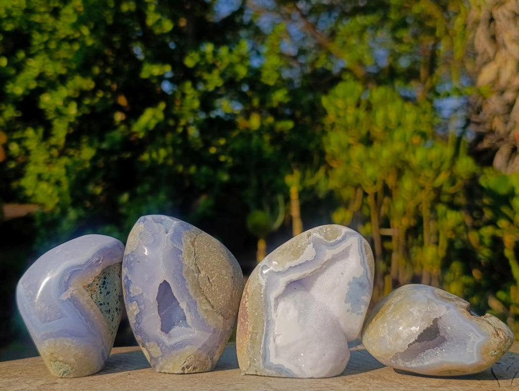 Polished Blue Lace Agate Geode Standing and Free Forms x 12 From Nsanje, Malawi - Toprock Gemstones and Minerals 