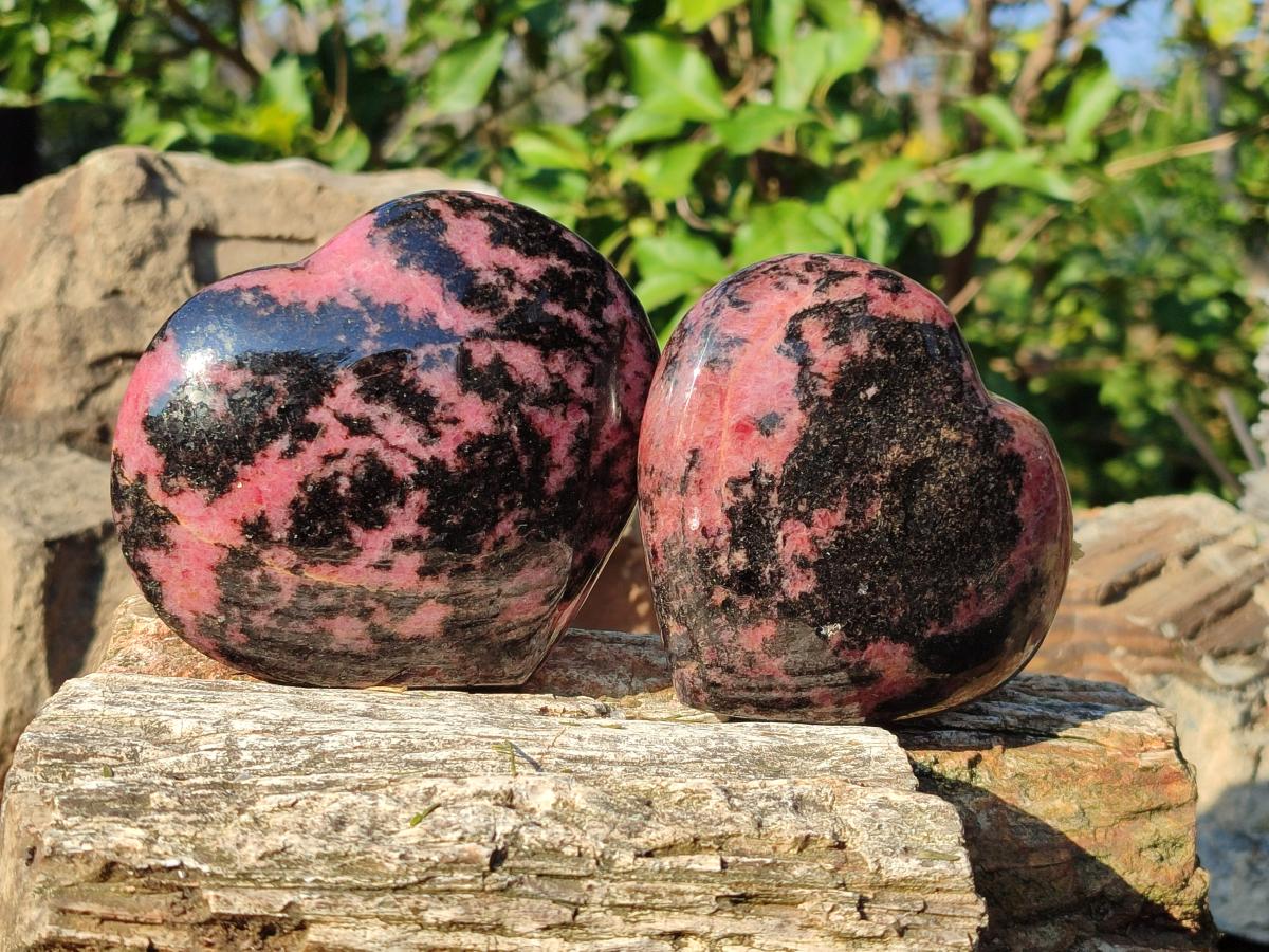 Polished Rhodonite Gemstone Hearts x 2 From Ambindavato, Madagascar - Toprock Gemstones and Minerals 