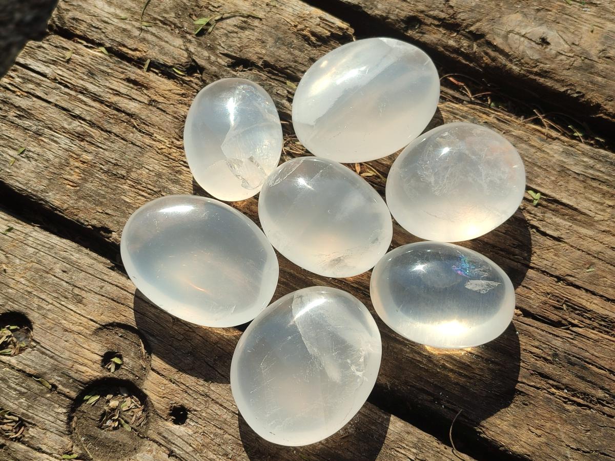 Polished Girasol Pearl Quartz Palm Stones x 24 From Ambatondrazaka, Madagascar - Toprock Gemstones and Minerals 