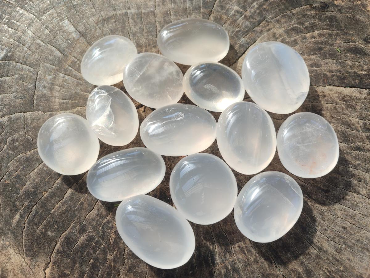 Polished Girasol Pearl Quartz Palm Stones x 24 From Ambatondrazaka, Madagascar - Toprock Gemstones and Minerals 