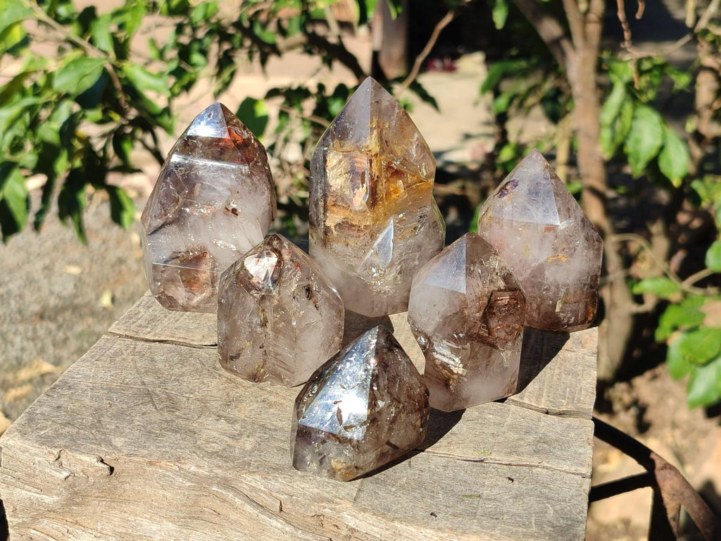 Polished Smokey Window Amethyst Crystals x 6 From Akansobe, Madagascar - Toprock Gemstones and Minerals 